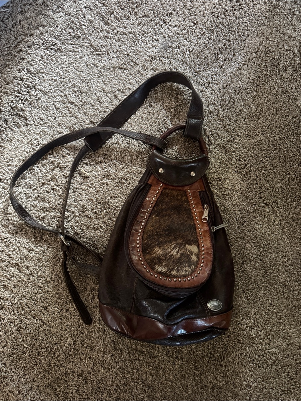 American West vintage cowhide patch and leather small mini backpack purse